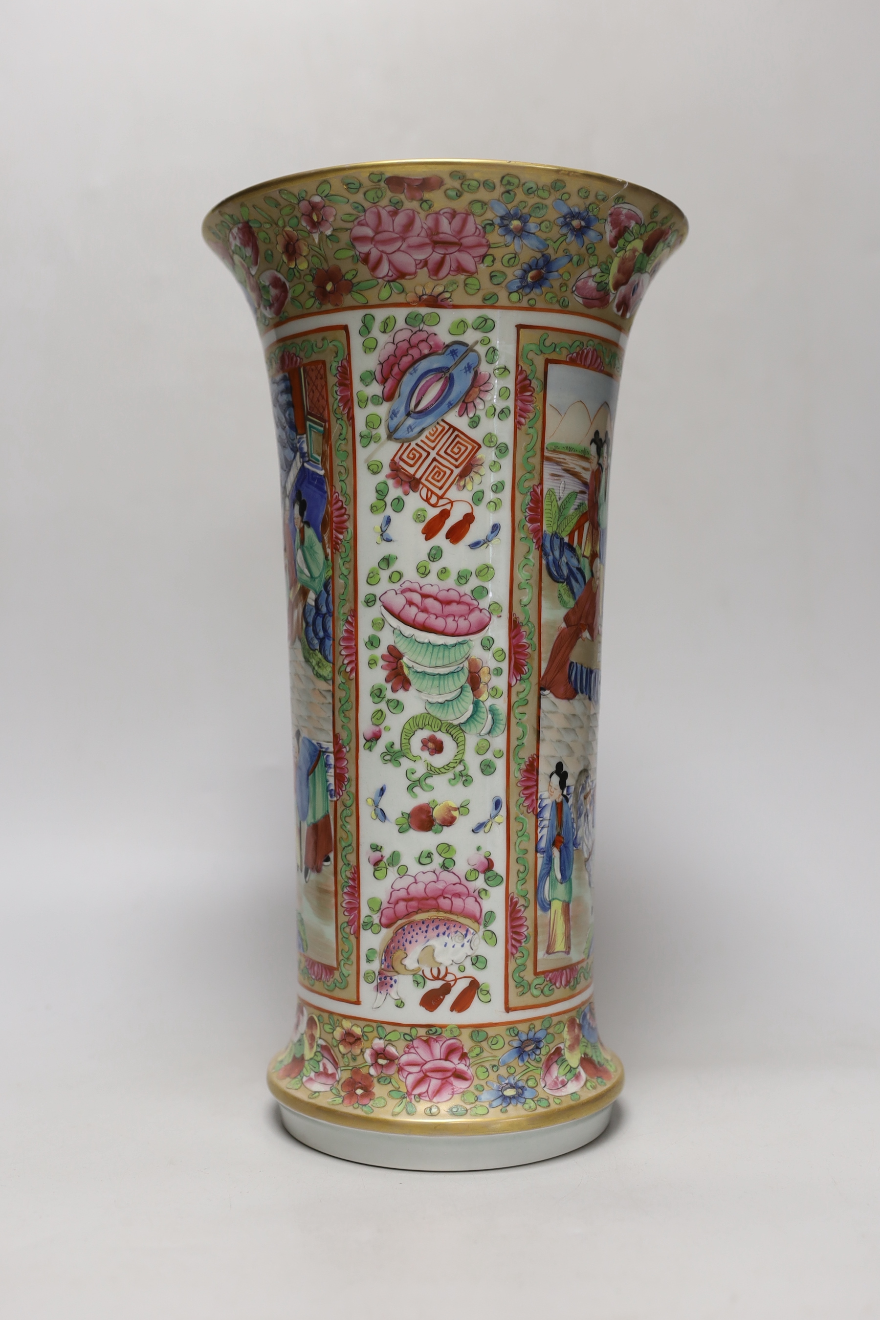 A Chinese Canton decorated famille rose trumpet vase, 33cm high (a.f.)